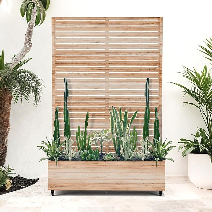 Large Metal Planter Box with Trellis and Wheels for Climbing Plants, Flower Garden Beds with Privacy Screen & Drainage Holes for Patio (47" L, Square White Wood Grain)