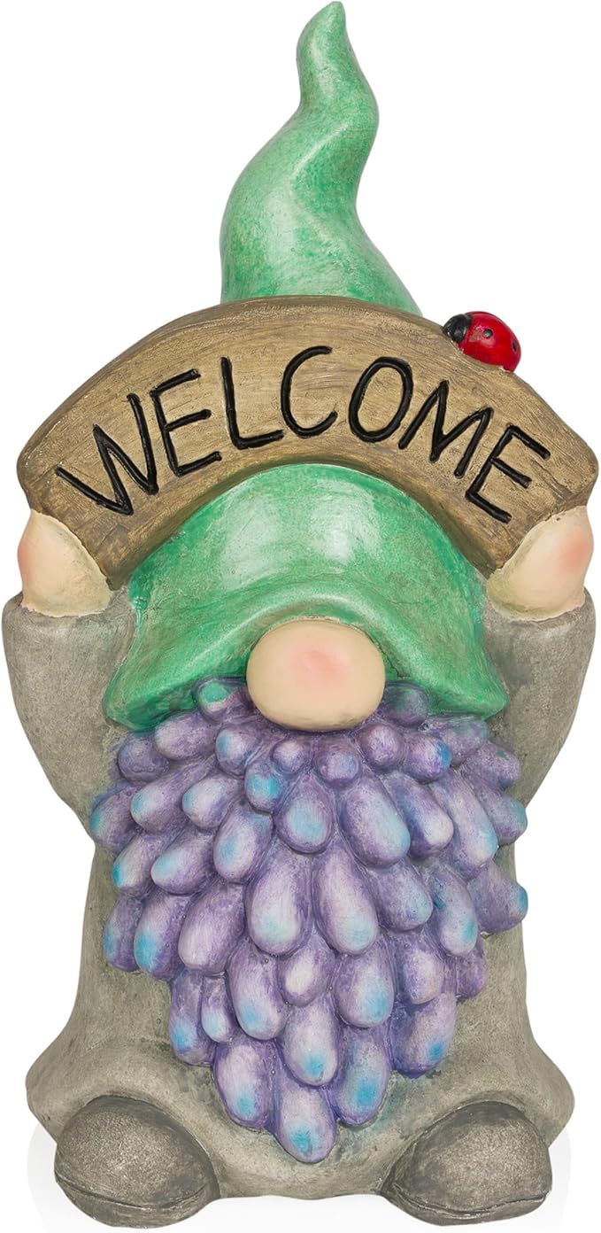 Alpine Corporation QWR1470 Gnome with Green Hat Holding “Welcome” Sign, Stylish Décor for Garden, Patio, & Pathway, 15" H