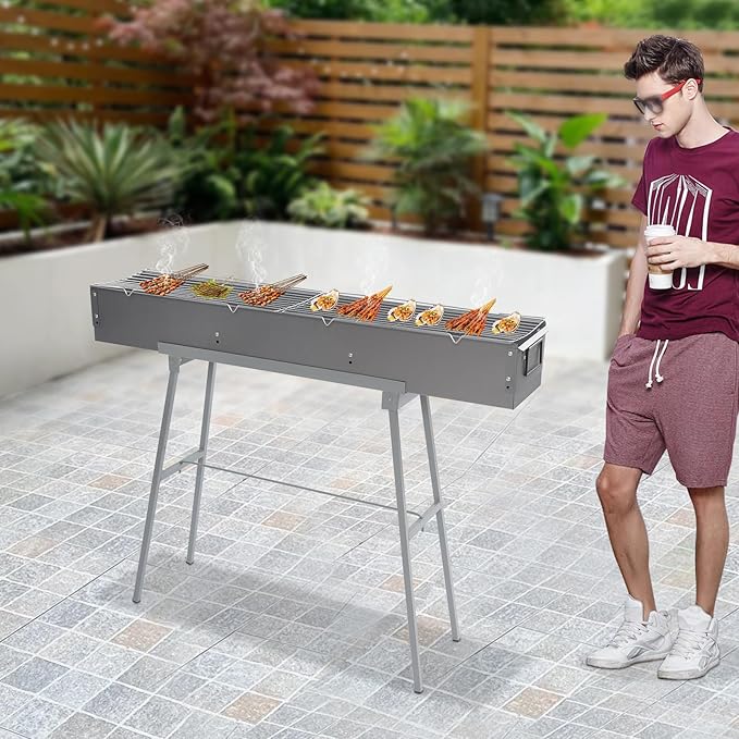 Portable Charcoal Grill Foldable Camping Barbecue Grill for Outdoor Cooking Large BBQ Grills with Adjustable Air Door Lamb Skewer Grills for Backyard Party Picnic Travel, 39.3x7x5.1Inch