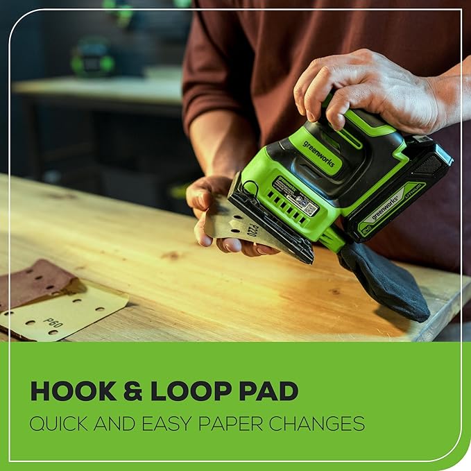 Greenworks 24V Cordless 1/4 Quarter Sheet Sander Tool Only, 11,000 OPM Sander with Dust Collection Bag and Sandpaper