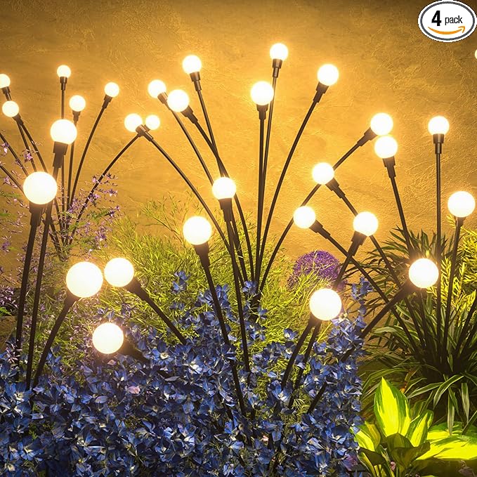 Solar Lights Outdoor - Upgraded 4-Pack of 32 LEDs Solar Garden Light,IP65 Waterproof Outdoor Decor Solar Firefly Lights for Yard,Pathway Decoration,Unique Gifts for Women and Grandma (Warm White)