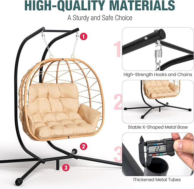 Pamapic Double Egg Chair wth Stand, 700 LBS Loveseat Rattan Swing Chair, UV Resistant Cushions with Armrests and Headrest, Thick Steel Frame Hammock Swing for Outdoor, Patio, Indoor(Beige)