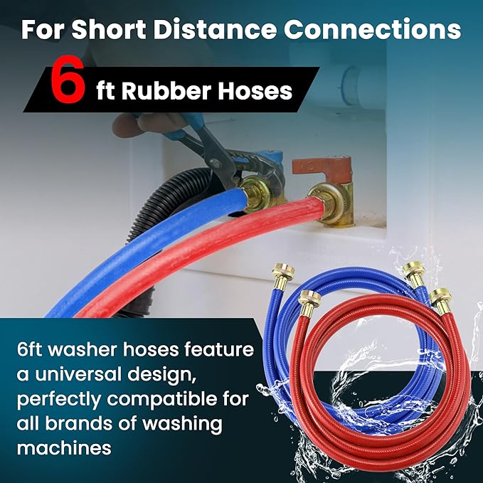 2 PACK Rubber 6FT Washing Machine Hoses Burst Proof Red and Blue Coded Washer Hoses for Hot and Cold Water 3/4" Connection Water Supply Lines by Fetechmate - 10 YEAR WARRANTY