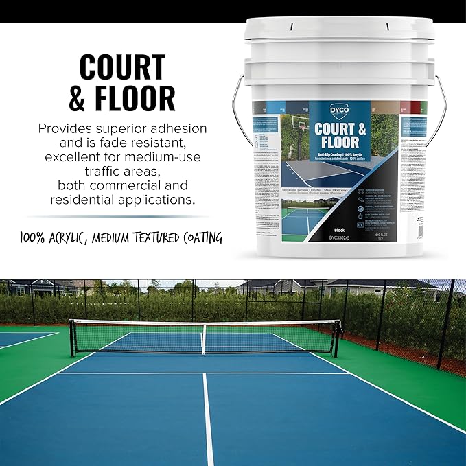 DYCO Court & Floor Anti-Slip Coating - Slip-Resistant Pavement, Cement & Concrete Paint for Pickleball, Tennis & Basketball Courts, Exceeds ADA Standards for Safety Areas (Black, 5 Gallons)