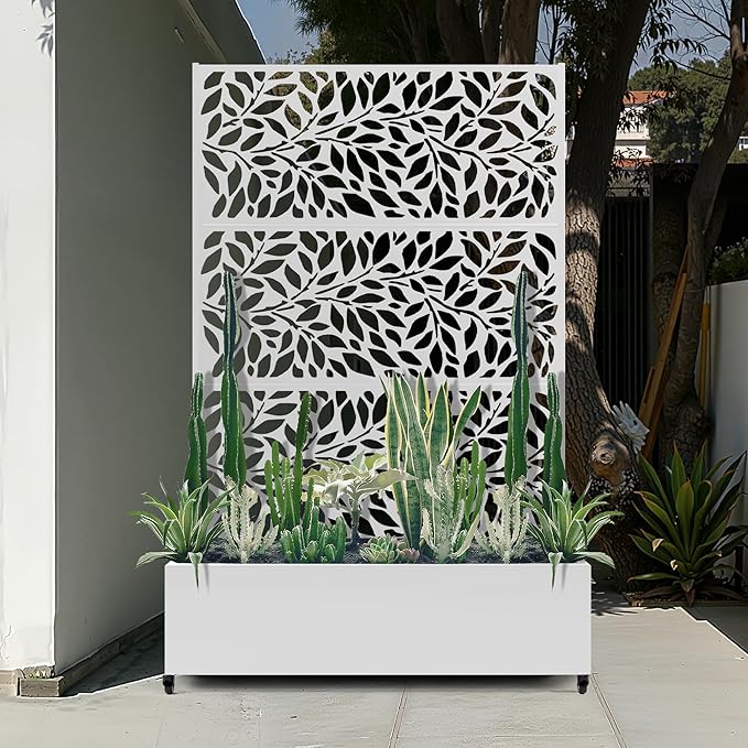 Metal Raised Garden Bed with Trellis Privacy Screen, Large Planters Box with Wheels & Drainage Holes for Climbing Plants (47" L×16" W×71" H, White Leaf)