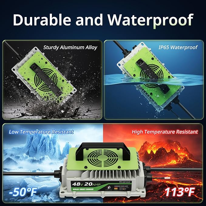 20 AMP 48 Volt Golf Cart Battery Charger 48V Lithium Battery Charger LiFePO4 Charger for Club Cars RVs Boats Cars Forklift Truck 1000W IP65 Waterproof with Cooling Fan 2 Connectors