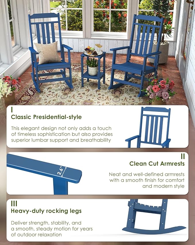 GREENVINES Outdoor-Rocking-Chairs-Set-of-4 | HDPE Plastic | Patio Rockers | Porch Rocker Chair | Oversized | High Back | Big & Tall | Blue