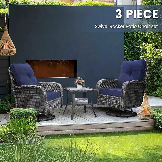 Luxury Outdoor Swivel Wicker Glider Patio Chairs with Table Set, Overstuffed Washable Cushions, Ideal for Porch, Balcony, Deck, Grey Rattan and Blue Cushion