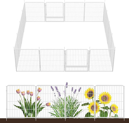 SunsGrove Garden Fence with Gate, 32 in(H) x 35.7 ft(L) 16 Panels Heavy Duty Metal Animal Barrier Fence for Yard, Suitable for Indoor or Outdoor Dog Pet Fence, Garden Fence Border, White