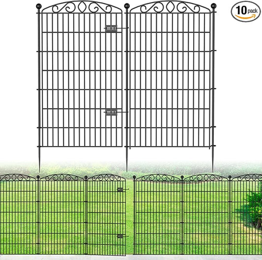 10 Panel No Dig Decorative Garden Fence with Gate - 48in H x 22.5ft L,Dog Fence Outdoor for Yard,Tall Animal Barrier for Dogs Rabbits, Rustproof Metal Wire Panels for Yard,Patio, Flower Bed