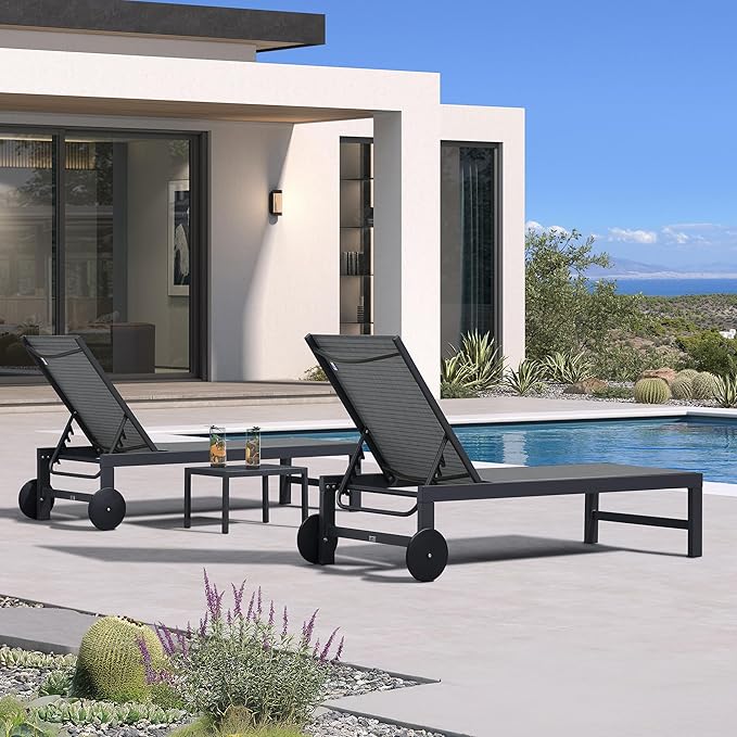PURPLE LEAF Chaise Lounge Chair with Wheels for Outside 4 Pieces Aluminum Outdoor Lounge Chairs with 5 Adjustable Position Recliner for Patio Beach Yard Pool Side Table Included Mixed Grey