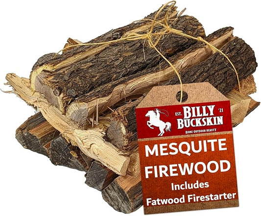 Billy Buckskin 18 LB Mesquite Firewood Bundle – Aromatic & Seasoned Wood Logs with Fatwood Starter Sticks for Fire Pit, Campfire, Fireplace, Wood Stoves and Outdoor Grilling