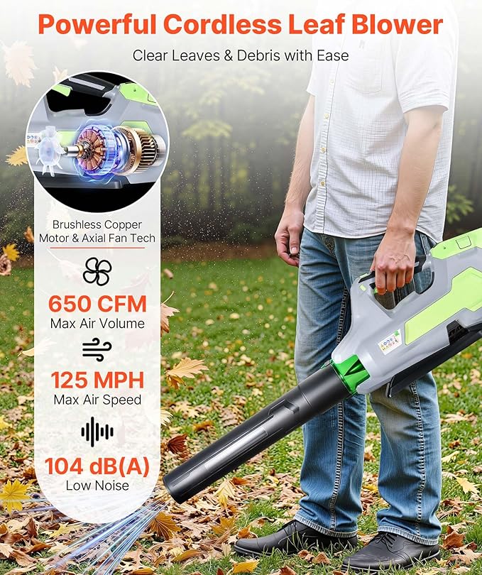 VEVOR 60V Cordless Leaf Blower with Brushless Motor, 650 CFM/125 MPH, Battery Powered Electric Leaf Blowers for Lawn Care with 5Ah Battery and Fast Charger, 3 Speed Control