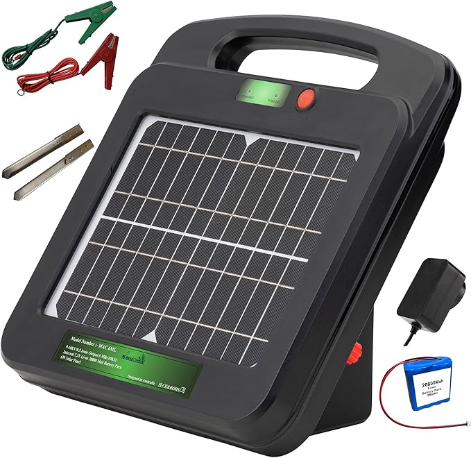 Solar Powered Electric Fence Charger 0.5 Joules Output (9-10KV) with Lithium Battery Energizer Containment & Protection of Livestock Horses Cattle Sheep Pets Easy Install