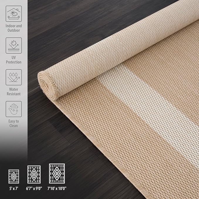 CAMILSON Outdoor Rug 5x7, Modern Outside Rugs for Patios Porches Waterproof Durable Washable Non-Shedding, Easy-to-Clean Indoor Outdoor Area Carpet (5 x 7, Bordered - Beige/White)