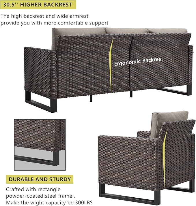 HUMMUH 8 Piece Patio Furniture All Weather 6-Seater Outdoor Sectional Sofa with Patio Swivel Chairs and Outdoor Chairs Ottomans for Porch,Garden,Backyard,Deck(Brown/Grey)