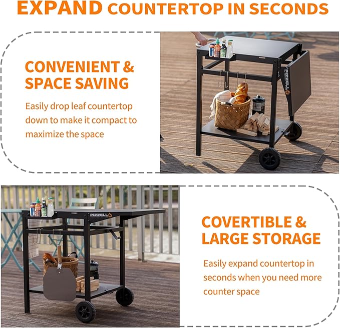 PIZZELLO Outdoor Grill Table Cart 35" x 22" Movable Pizza Oven Stand Foldable Double-Shelf Grill Cart Food Prep Trolley Dining Cart Fit for Ooni Ninja Woodfire Blackstone Pizza Oven