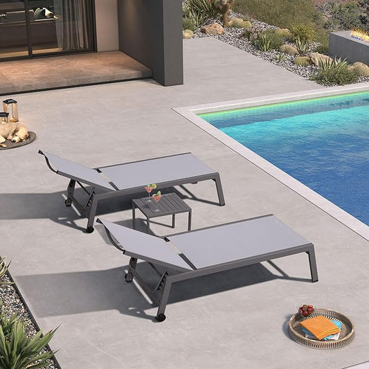 PURPLE LEAF Outdoor Chaise Lounge Set for 2 Oversized Pool Lounge Chairs with Easy-to-Move Wheels and Adjustable Backrest Extra Large Patio Loungers for Poolside Deck Beach Table Included, Light Grey