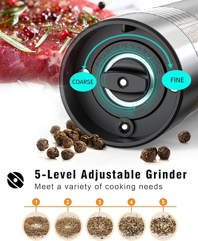 Electric Salt and Pepper Grinder Set, Stainless Steel Automatic Pepper Grinder with Upgraded Charge Base and LED Light, Adjustable Coarseness, Rechargeable Sea Salt Spice Mill Set, Ideal for Kitchen