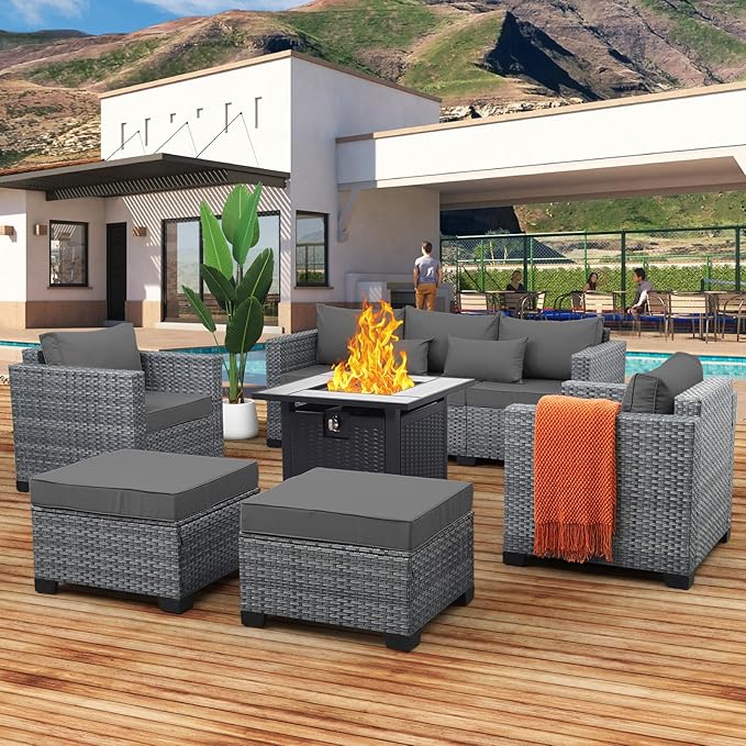 6 Pieces Wicker Patio Furniture Sets Outdoor Conversation Set PE Rattan Sectional Sofa Couch with 30" Fire Pit Table and Grey Cushions