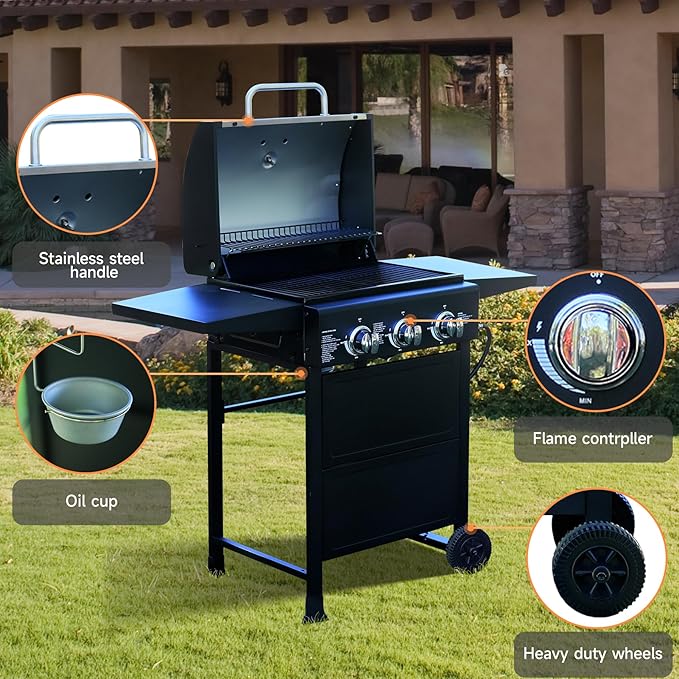 Outdoor Propane Grill 3 Burner gas grill, Outside Grill 30,000 Btu Gas bbq grill Built-In Accurate Thermometer. Asadores de gas for PatioGarden Barbeque With Foldable side table.