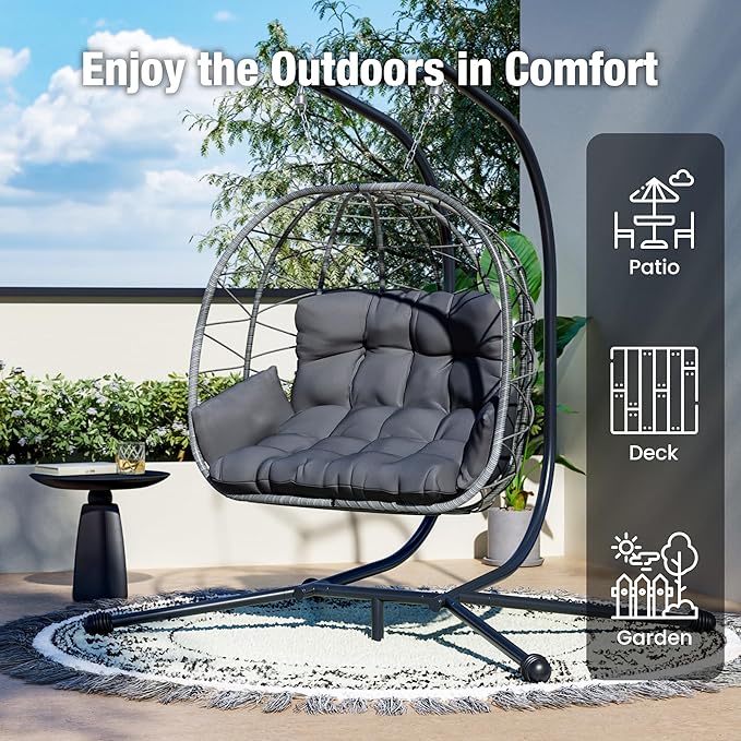 Pamapic Double Egg Chair wth Stand, 700 LBS Loveseat Rattan Swing Chair, UV Resistant Cushions with Armrests and Headrest, Thick Steel Frame Hammock Swing for Outdoor, Patio, Indoor(Grey)