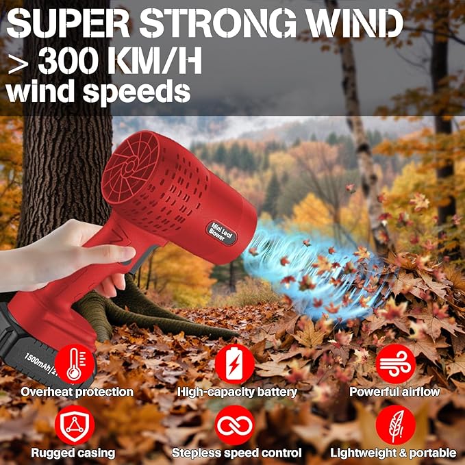 Leaf Blower with 21V*2 Pcs Batteries, 950000RPM Powerful Fan, High Variable Speed 200 MPH, Handheld Air Blower, Perfect for Car Drying, Patio Cleaning, Lawn Caring, Leaves Blowing (Red)