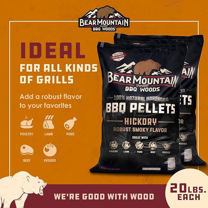 Bear Mountain 2-Pack All Natural Wood Pellets for Smoker, Grill & BBQ, 20 Lbs, Hickory - Premium Hardwood Barbecue Pellets for Indoor and Outdoor Grilling