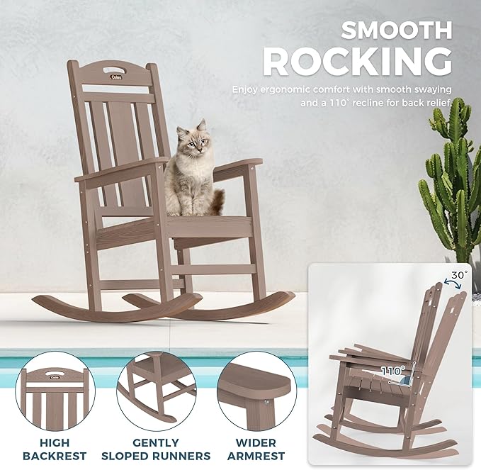 Ciokea Oversized Outdoor Rocking Chair, HDPE Porch Rocking Chair for Outside, Weatherproof Comfortable Patio Rockers for Front Deck Balcony, Teak