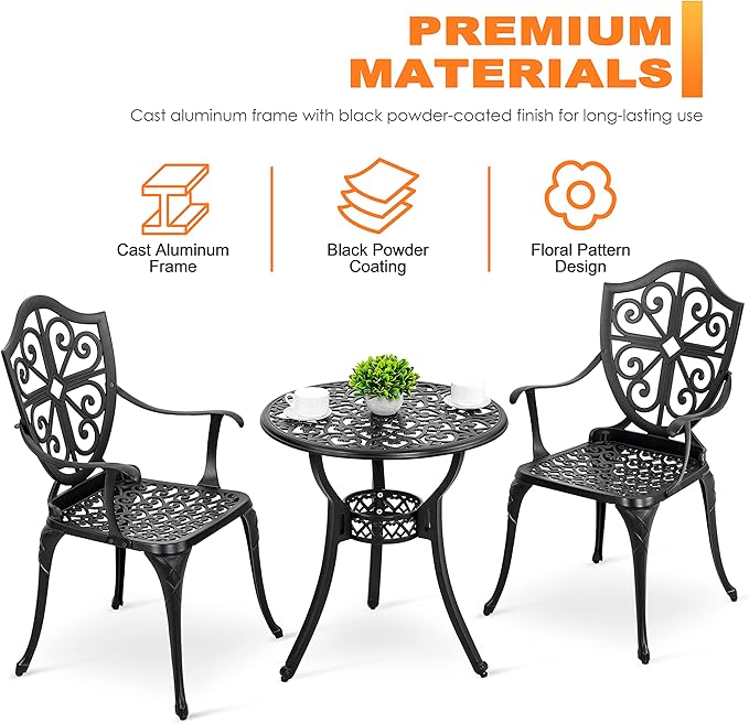 NUU GARDEN Bistro Set 3 Piece Outdoor, Cast Aluminum Patio Bistro Sets with Umbrella Hole, Bistro Table and Chairs Set of 2 for Patio Backyard