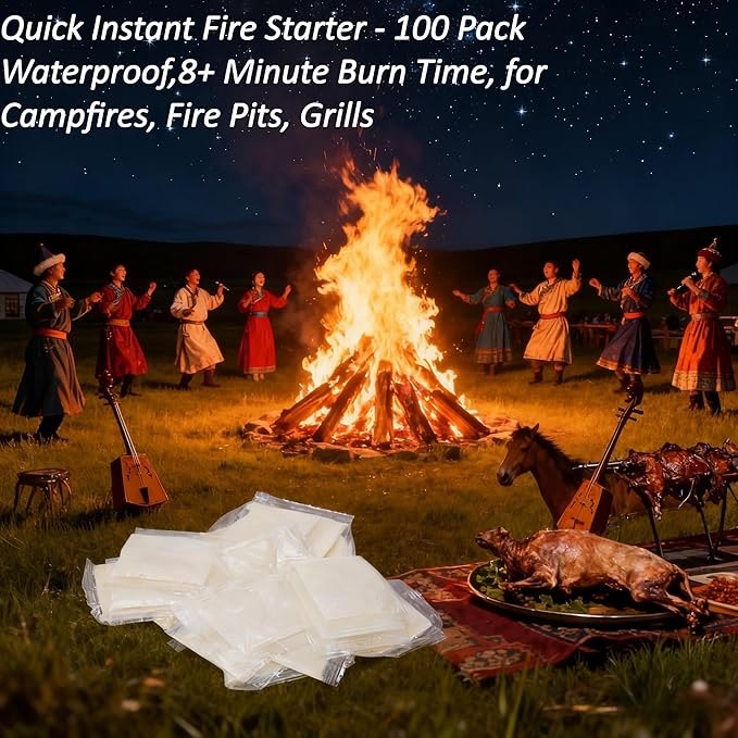 Quick Instant Fire Starter - 100 Pack Waterproof,8+ Minute Burn Time, for Campfires, Fire Pits, Grills