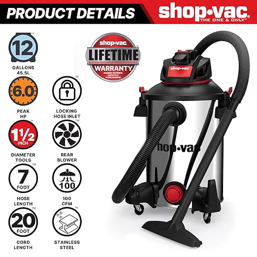 Shop-Vac 5761311 12-Gallon Wet/Dry Shop Vacuum, 6 Peak HP, 1.5 Inch Diameter x 7 Foot Hose, 20 Foot Cord, Ideal for Home, Garage, and Workshop Cleaning