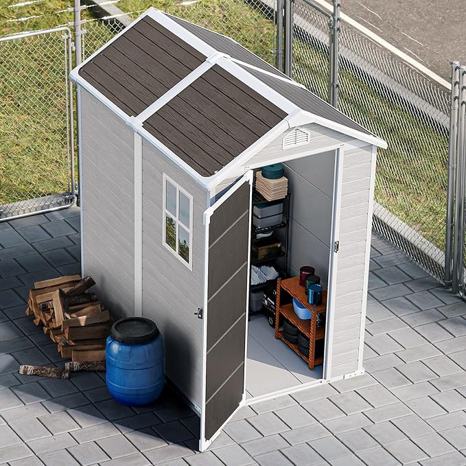 6X4 FT Resin Outdoor Storage Shed with Floor,Water Drainge Roof Plastic Sheds with Windows and Lockable Doors,Thickened Panel All-Weather Resistant Tool Storage Shed for Garden Backyard Patio, Grey