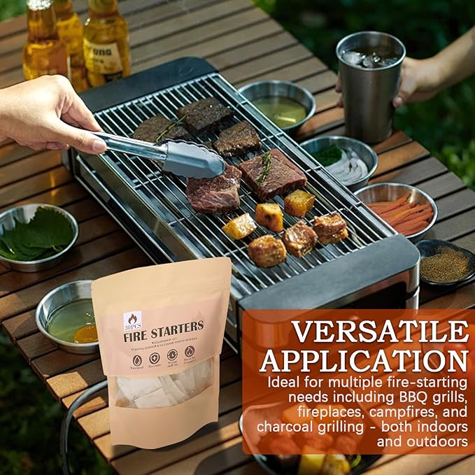 (30 Pcs/Bag) Quick Instant Fire Starter, Waterproof All-Purpose Indoor & Outdoor Firestarter,for Charcoal,Fireplace, Campfire, Wood Stove Odorless，BBQ and Non-Toxic