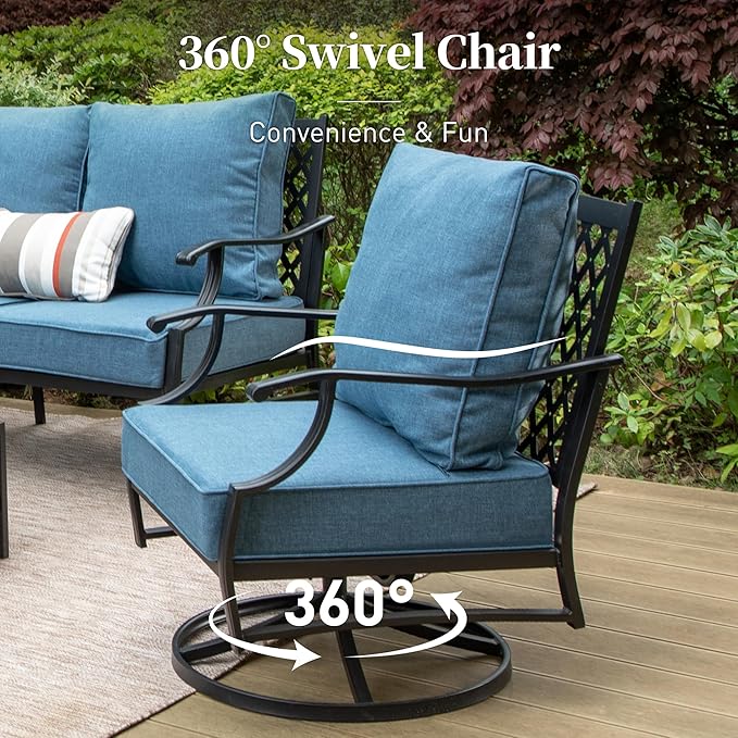 Metal Outdoor Swivel Patio Chairs Set of 2 with 5.75" Extra Thick Cushion, 2 Piece High Back Swivel Patio Chairs Outdoor Furniture Seating for Deck Balcony Front Porch, Denim Blue
