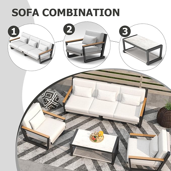 Aluminum Patio Sofa Set with PE Rope Weaving, 500lbs Capacity Outdoor Conversation Set, Waterproof UV-Resistant Cushions & Powder-Coated Frame, Modern Sectional for Poolside, Garden Grey