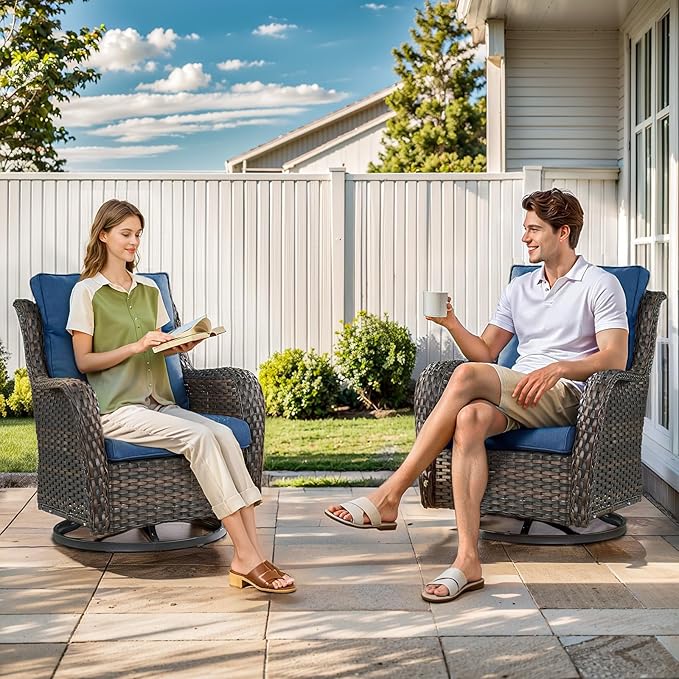 Outdoor Swivel Rocker Patio Chairs with 2 Ottomans - 5" Thick Cushion 4 Piece Furniture Set All Weather Comfortable Wicker Conversation Set for Porch Poolside and Deck - Brown/Blue
