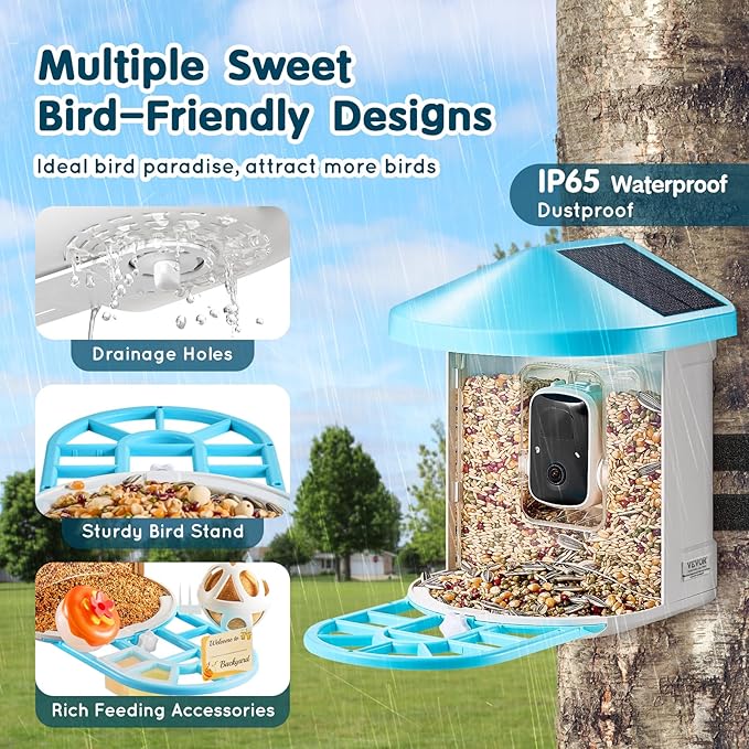 VEVOR Smart Bird Feeder with Camera, Solar Powered Wireless Camera Bird Feeder with 2 Solar Panels, Live Video, AI Identify, Auto Detect & Instant Notify, and 2K Full HD, Ideal Gift for Bird Lover