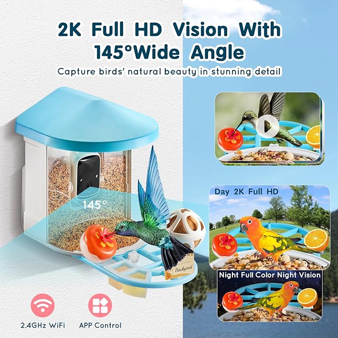 VEVOR Bird Feeder with Camera, Smart Bird House Camera Solar Powered, Wireless Vedio Birdhouse with AI Identify Resolution, 2K Full HD, Auto Detect & Notify, Ideal Present Choice for Bird Lover