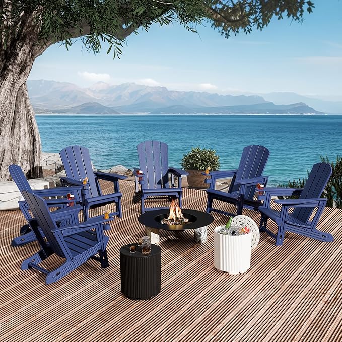 Adirondack Chair Set of 6, All Weather Plastic Adirondack Chairs, Fire Pit Chairs with Cup Holder, Outdoor Lawn Chair for Patio, Garden, Backyard, Navy Blue