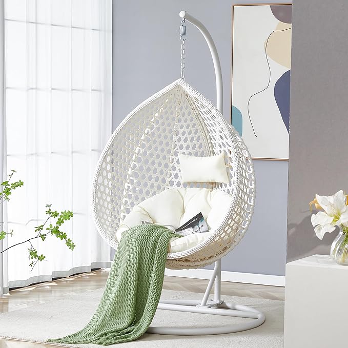 JUFU Egg Swing Chair with Stand,Hanging Egg Chair with Cushions and Pillow,Heavy Duty Lounge White Basket Chair,Indoor Outdoor Patio Porch Lounge Hammock Chair for Patio Balcony Backyard,Bedrooms