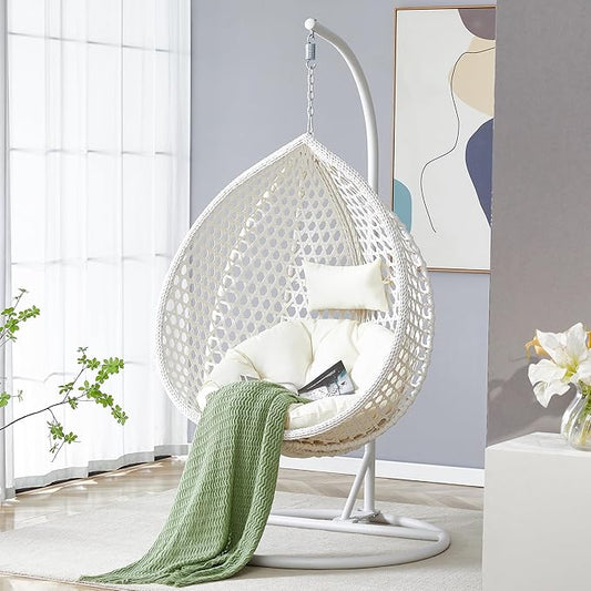 JUFU Egg Swing Chair with Stand,Hanging Egg Chair with Cushions and Pillow,Heavy Duty Lounge White Basket Chair,Indoor Outdoor Patio Porch Lounge Hammock Chair for Patio Balcony Backyard,Bedrooms