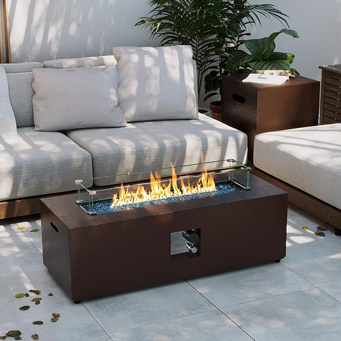 UPHA 42-inch Outdoor Propane Gas Fire Pit Table 50000 BTU Iron Rectangle Firepit for Outside Patio with Tank Hidden Table, Wind Guard, Removable Lid, Blue Glass Rocks, Rain Cover, Brown