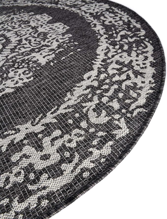 Unique Loom Outdoor Traditional Collection Area Rug - Timeworn (5' 3" Round Charcoal Gray/Gray)