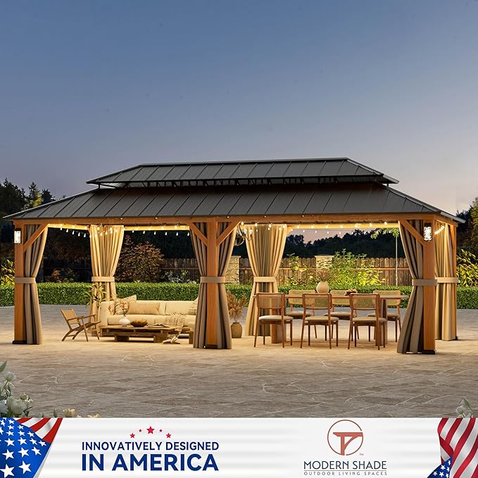 Modern Shade The Horizon Permanent Hardtop Gazebo 12' x 24' with 4 LED Lights, Outdoor Gazebo w/Galvanized Steel Double Roof, Patio Pavilion w/Decor Hooks, Mosquito Netting and Curtains, Wood Grain