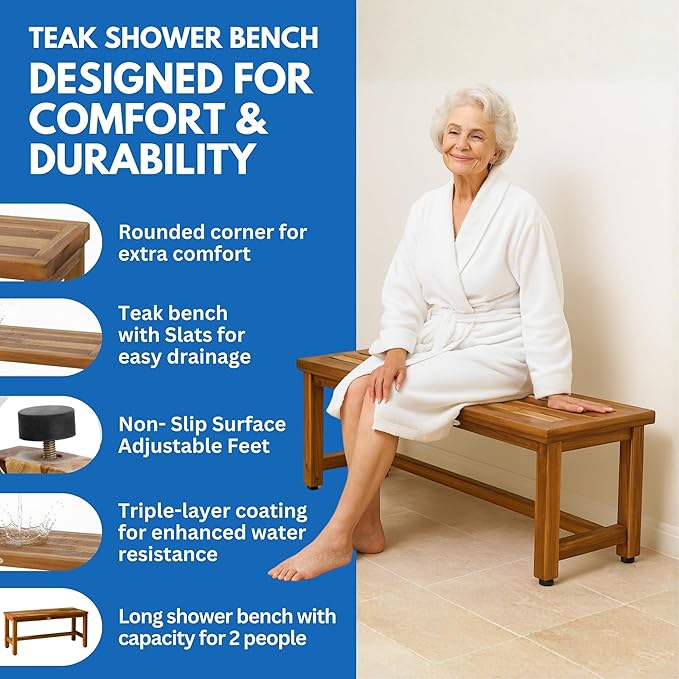 EcoDecors Eleganto 47 Inch Natural Color Waterproof Teak Wood Shower Bench Stool Seat Chair for Inside Shower Provides Safety, Storage, and Organization for Bathroom Accessories