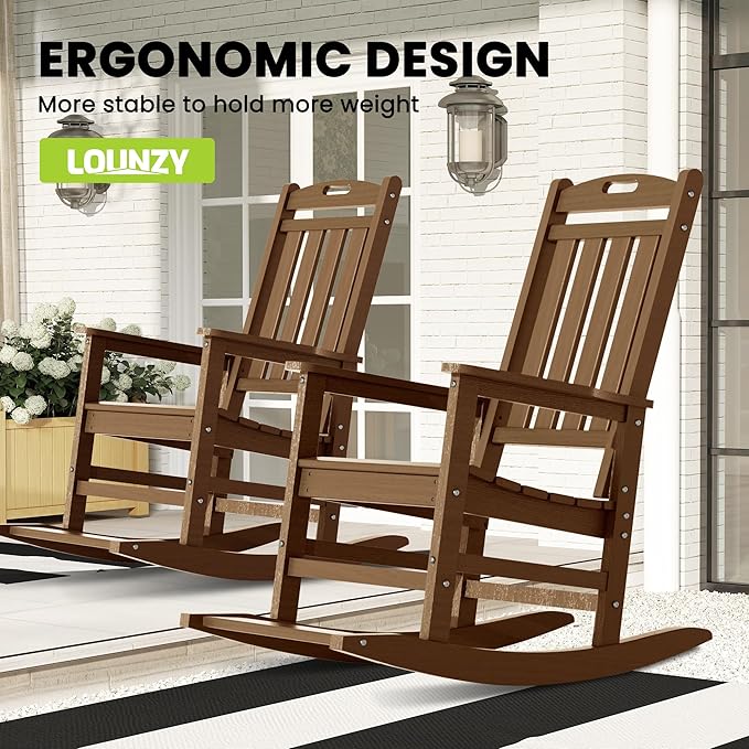 LOUNZY Outdoor Rocking Chair, HDPE Patio Rocking Chair with Footboard for Adults, All Weather Heavy Duty Front Porch Rocker, Brown