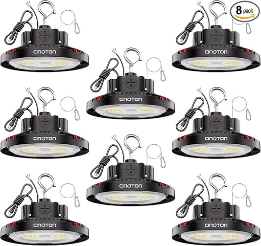 CINOTON UFO LED High Bay Light, 160W/120W/80W Switchable, AC100-277V LED Shop Lights with US Plug, 24000LM Dimmable 0-10V Commercial Bay Lighting for Garage Workshop 5000K Daylight-UL Listed, 8 Pack