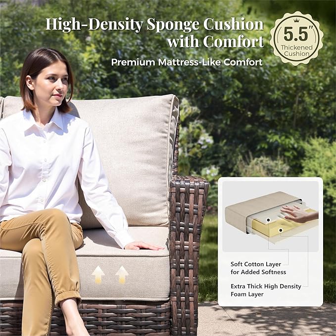 6-Piece Wicker Patio Furniture Set with Swivel Chairs, High Back Outdoor Sofa with 5.5-inch Thick Cushion, All-Weather Wicker Patio Conversation Set for Deck Yard Pool, Beige