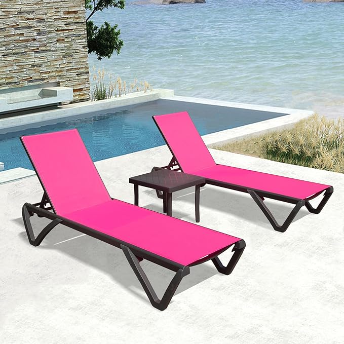 Domi Outdoor Lounge Chair, Aluminum Plastic Patio Chaise Lounge with Side Table & 5 Position Adjustable Backrest & Wheels, All Weather Reclining Chair for Outside Beach Poolside Lawn, Rose Red
